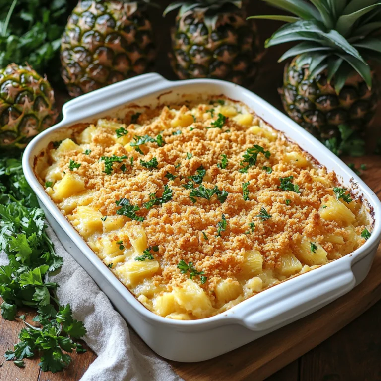 Golden pineapple casserole with a crunchy, buttery topping served in a white baking dish.