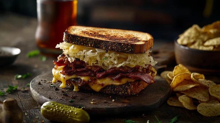 A classic Reuben sandwich with golden grilled rye bread, melted Swiss cheese, corned beef, and sauerkraut, served with a pickle.