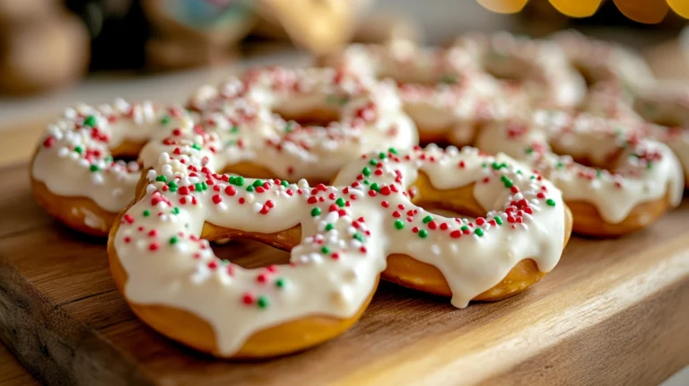 White chocolate covered pretzels with sprinkles on a wooden board