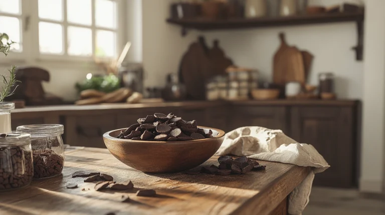 Carob chips in a bowl on a wooden countertop with baking ingredients in a rustic kitchen.