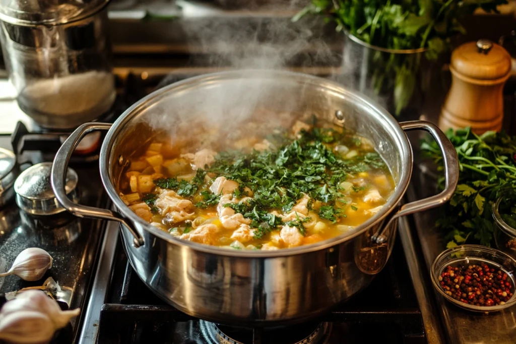 A pot of Consomé de Pollo simmering on a stovetop with steam rising.
