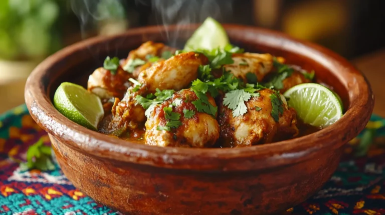 A bowl of Consomé de Pollo garnished with cilantro and lime on a colorful tablecloth.