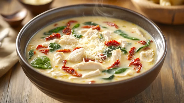 A warm, creamy chicken soup with sun-dried tomatoes and spinach, garnished with Parmesan cheese, in a cozy kitchen setting
