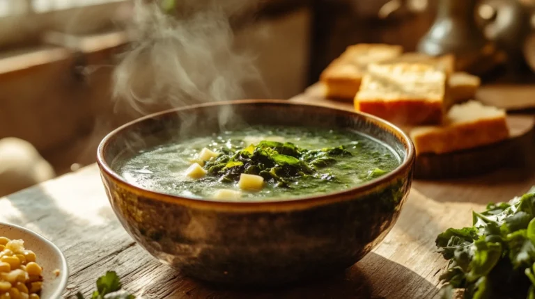 Rustic bowl of turnip green soup with cornbread on a wooden table