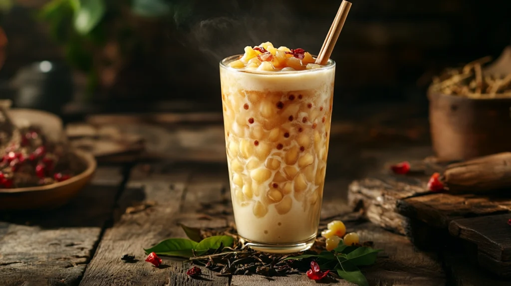 A tall glass of homemade milk tea with chewy boba pearls, garnished with a straw and surrounded by tea ingredients.