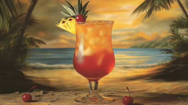 Bahama Mama cocktail in a hurricane glass with a pineapple wedge and cherry garnish on a tropical beach.