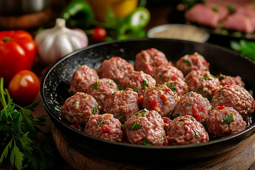 A rustic kitchen setup with a skillet of golden-brown ground lamb, surrounded by fresh herbs, garlic, onions, and spices, with plated lamb dishes like stuffed peppers, kebabs, and meatballs in a Mediterranean-inspired ambiance.
