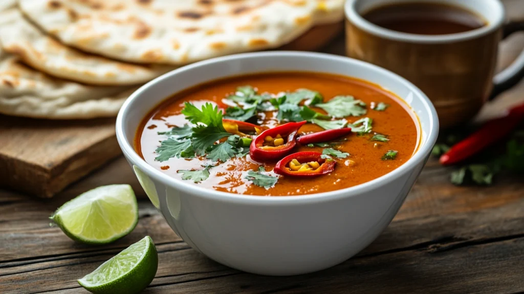 A healthy breakfast curry garnished with cilantro and chilies, served with naan bread and chai on a rustic wooden table.