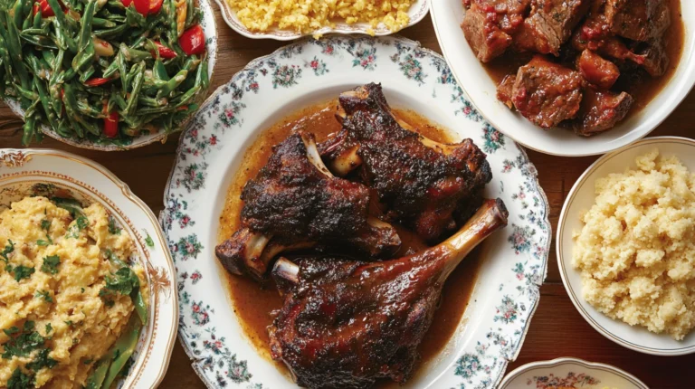 Southern-style neckbones served on a white plate with collard greens and cornbread.