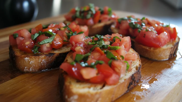 Classic bruschetta on a wooden board with fresh tomato, basil, and olive oil.