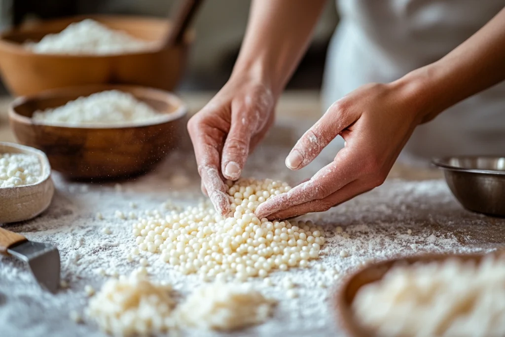 Hands rolling tapioca dough into small pearls on a floured surface, with a bowl of shaped pearls ready for cooking.