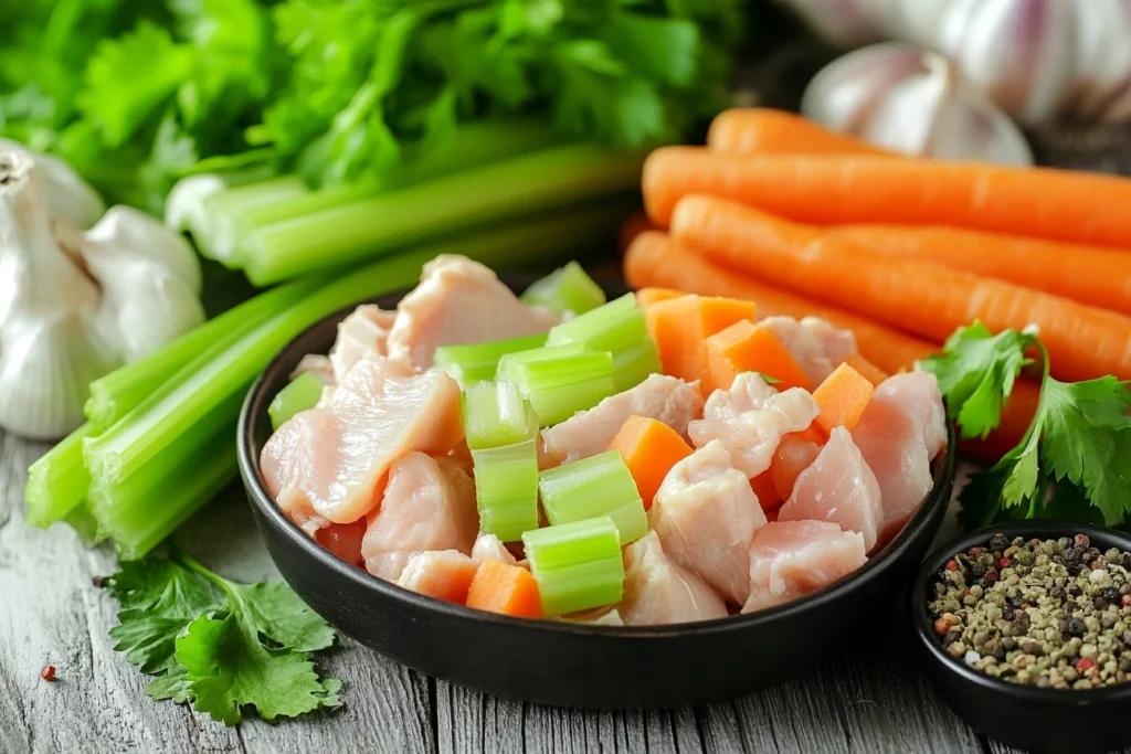 Flat lay of chicken, vegetables, and herbs for making Consomé de Pollo