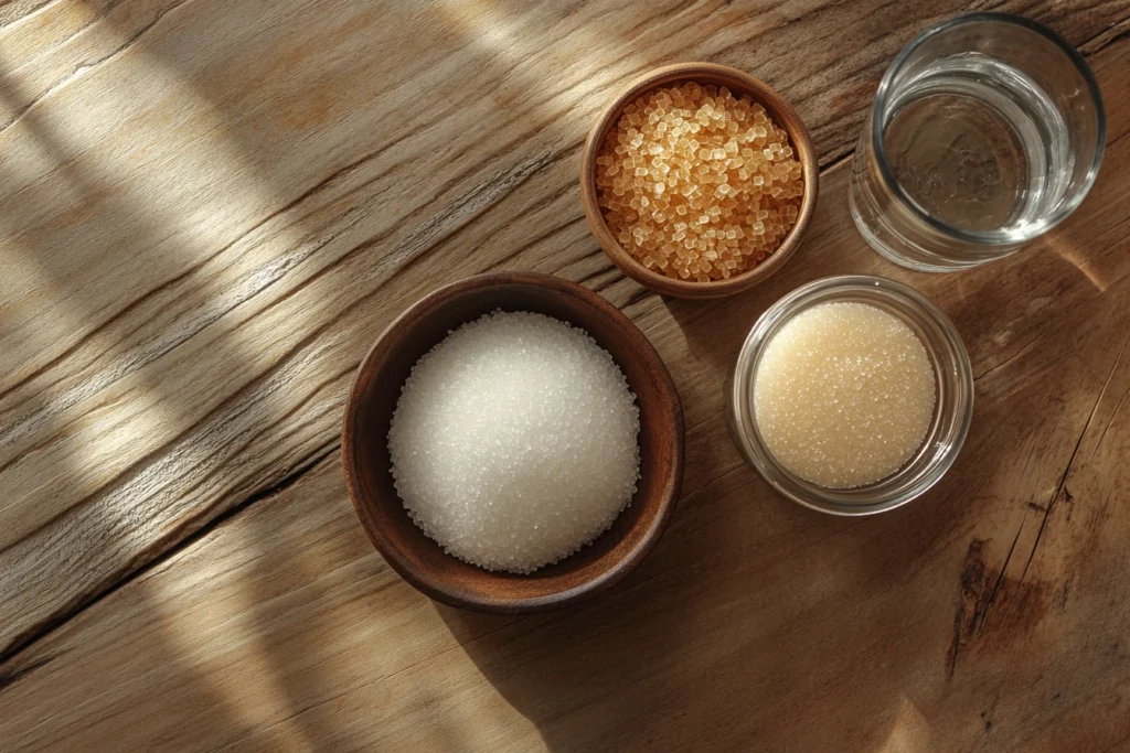 A flat lay of tapioca starch, brown sugar, and water on a kitchen counter, ready for making boba pearls.
