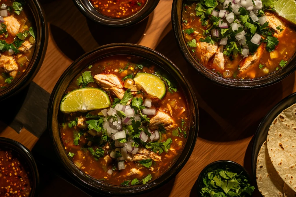 Individual bowls of Consomé de Pollo garnished with lime, cilantro, and onion, served with tortillas.