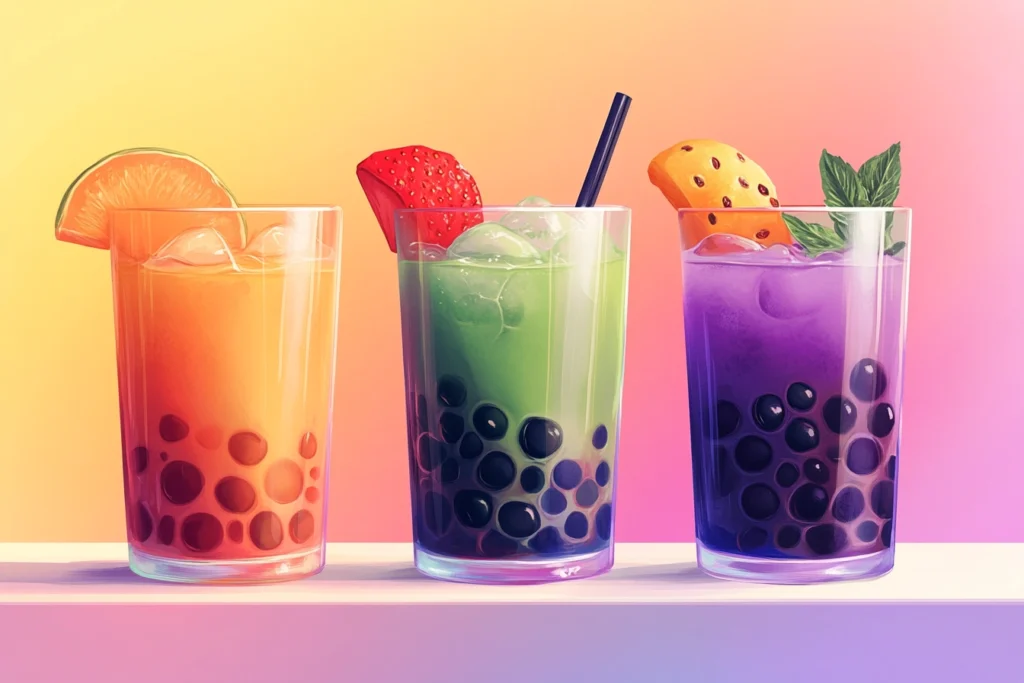 Three glasses of bubble tea with different flavors—matcha, taro, and black tea—topped with tapioca pearls and fruit slices.