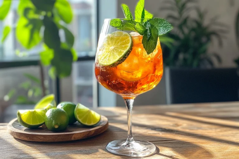 Hugo Spritz cocktail served on a rustic table with mint and lime garnish