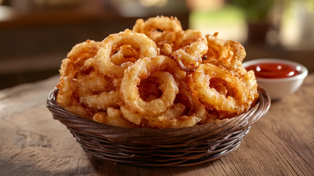 Crispy homemade onion French fries served in a basket with dipping sauce.