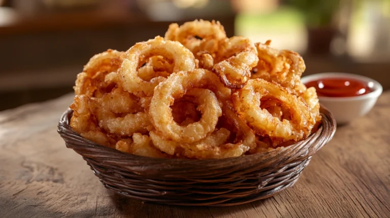 Crispy homemade onion French fries served in a basket with dipping sauce.