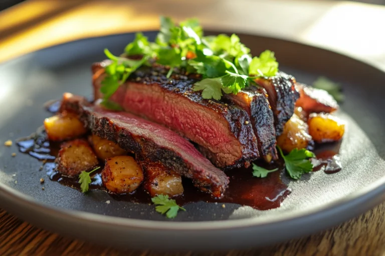 Perfectly sliced smoked beef roast on a wooden platter, garnished with fresh parsley.