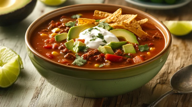 A bowl of chilled Taco Soup Frios garnished with avocado, sour cream, and tortilla strips, served on a wooden table with limes.