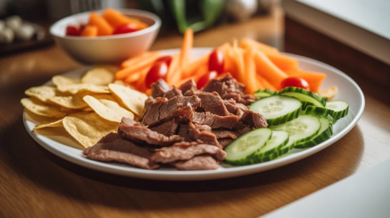 Beef chips on a plate alongside sliced cucumbers, tomatoes, and peppers