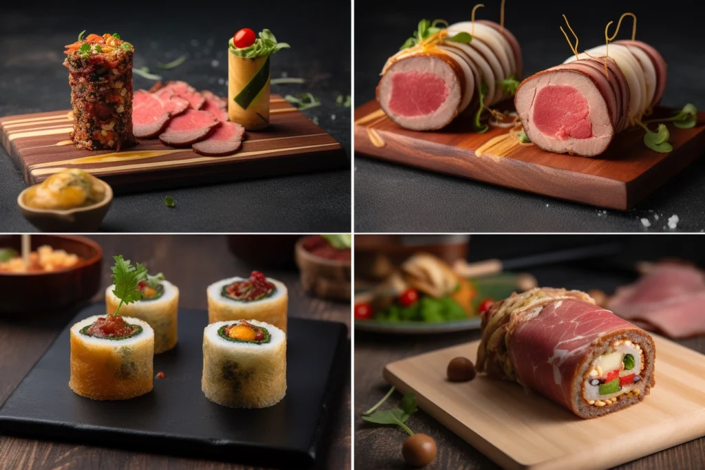 Collage of international dishes featuring beef salami, including pasta, tapas, schnitzel, and fusion sushi rolls.