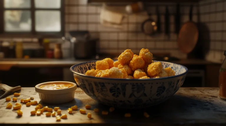 Freshly fried golden corn nuggets served in a bowl with dipping sauce on a rustic kitchen counter.