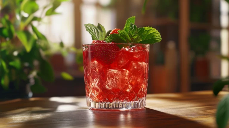 A glass of strawberry nectar with ice and mint garnish on a wooden table.