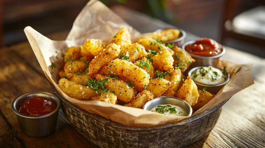 A rustic basket of golden, crispy seasoned fries with dipping sauces.