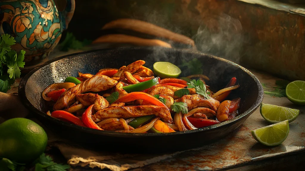 Sizzling chicken fajitas with peppers and onions in a skillet.