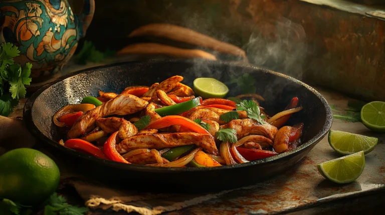 Sizzling chicken fajitas with peppers and onions in a skillet.