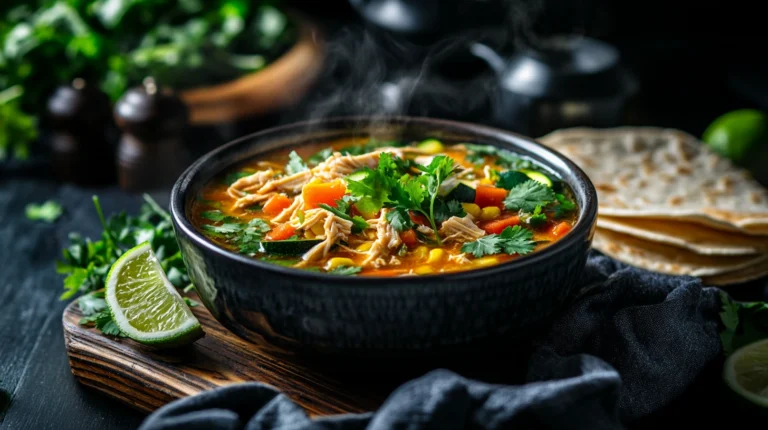 A hearty bowl of Caldo de Pollo with vegetables and chicken, garnished with cilantro and lime.