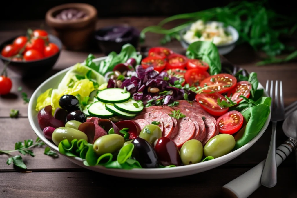 Healthy salad bowl topped with slices of beef salami, mixed greens, cherry tomatoes, cucumbers, and olives.