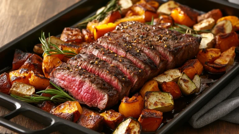 A perfectly cooked beef loin flat iron steak, sliced and served on a white plate with roasted vegetables and a drizzle of sauce.