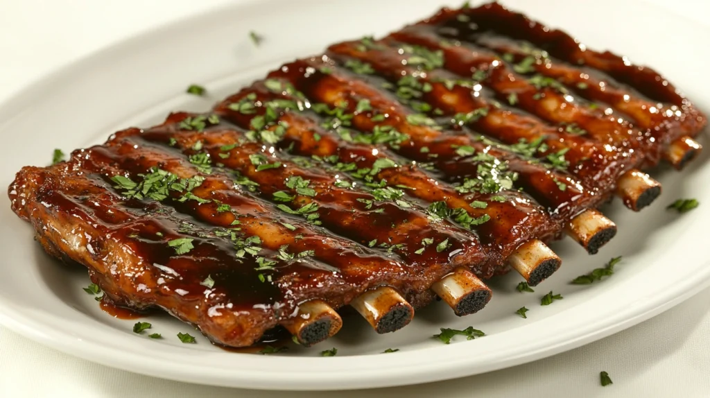 Delicious BBQ ribs glazed with homemade jelly-based barbecue sauce, garnished with fresh herbs.
