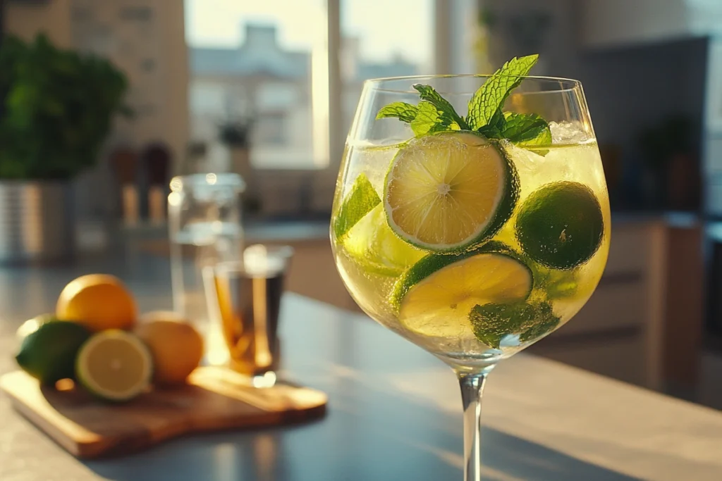 Homemade Hugo Spritz with mint and lime on a modern kitchen countertop.