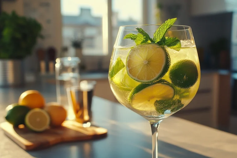 Homemade Hugo Spritz with mint and lime on a modern kitchen countertop.