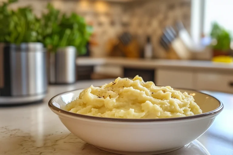 Homemade creamy celeriac mash on a modern kitchen countertop.
