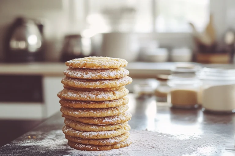 Homemade wafer cookies stacked on a modern kitchen countertop with ingredients like flour and sugar nearby.