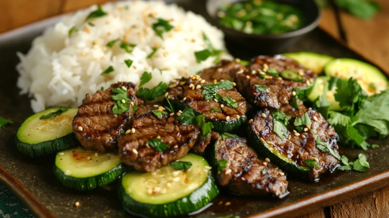 A plate of zucchini beef fry served on a wooden table with rice and fresh herbs.