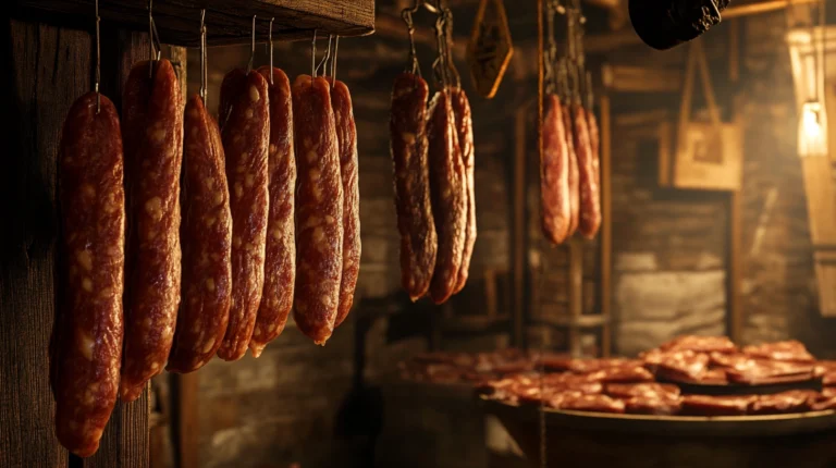 Multiple strings of artisanal beef pepperoni sausages hung for curing