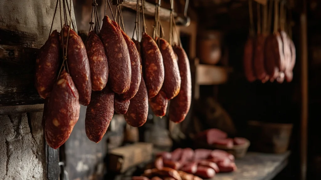 Multiple strings of artisanal beef pepperoni sausages hung for curing