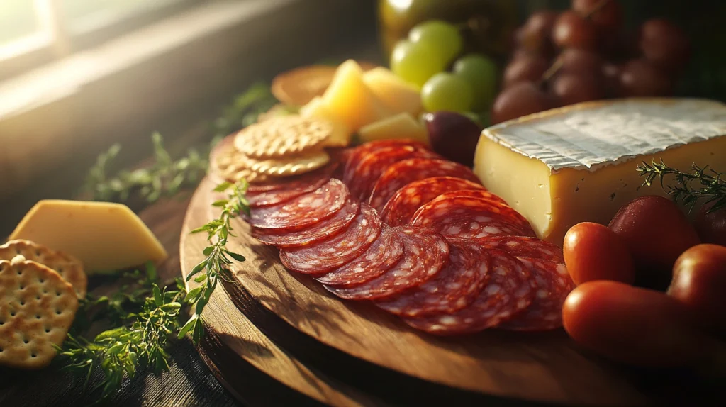 Beautifully arranged beef pepperoni slices on a charcuterie board with cheese and fruit