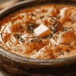 A steaming bowl of creamy Cajun seafood bisque with shrimp and crab, garnished with fresh parsley and a sprinkle of Cajun seasoning, served in a rustic ceramic bowl.