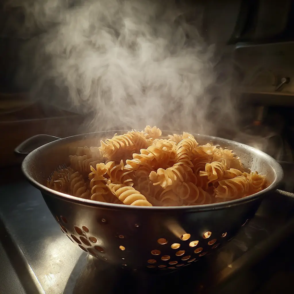 Pasta being cooled for salad