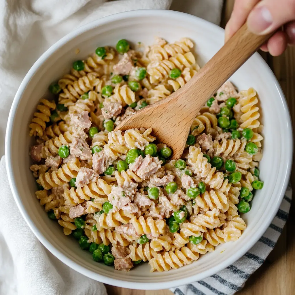 mixing pasta and tuna for easy casserole