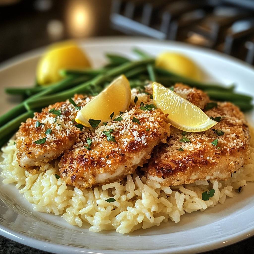Parmesan Crusted Chicken served with rice and green beans