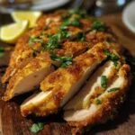 Parmesan Crusted Chicken Recipe on cutting board with parsley