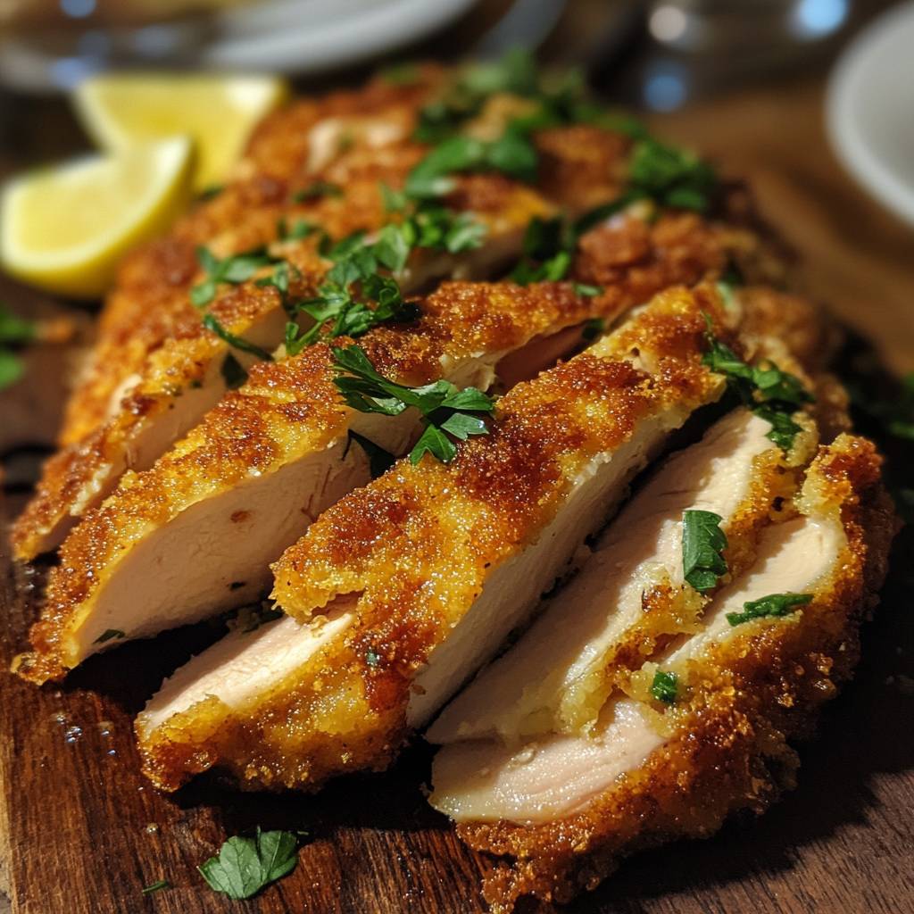 Parmesan Crusted Chicken Recipe on cutting board with parsley