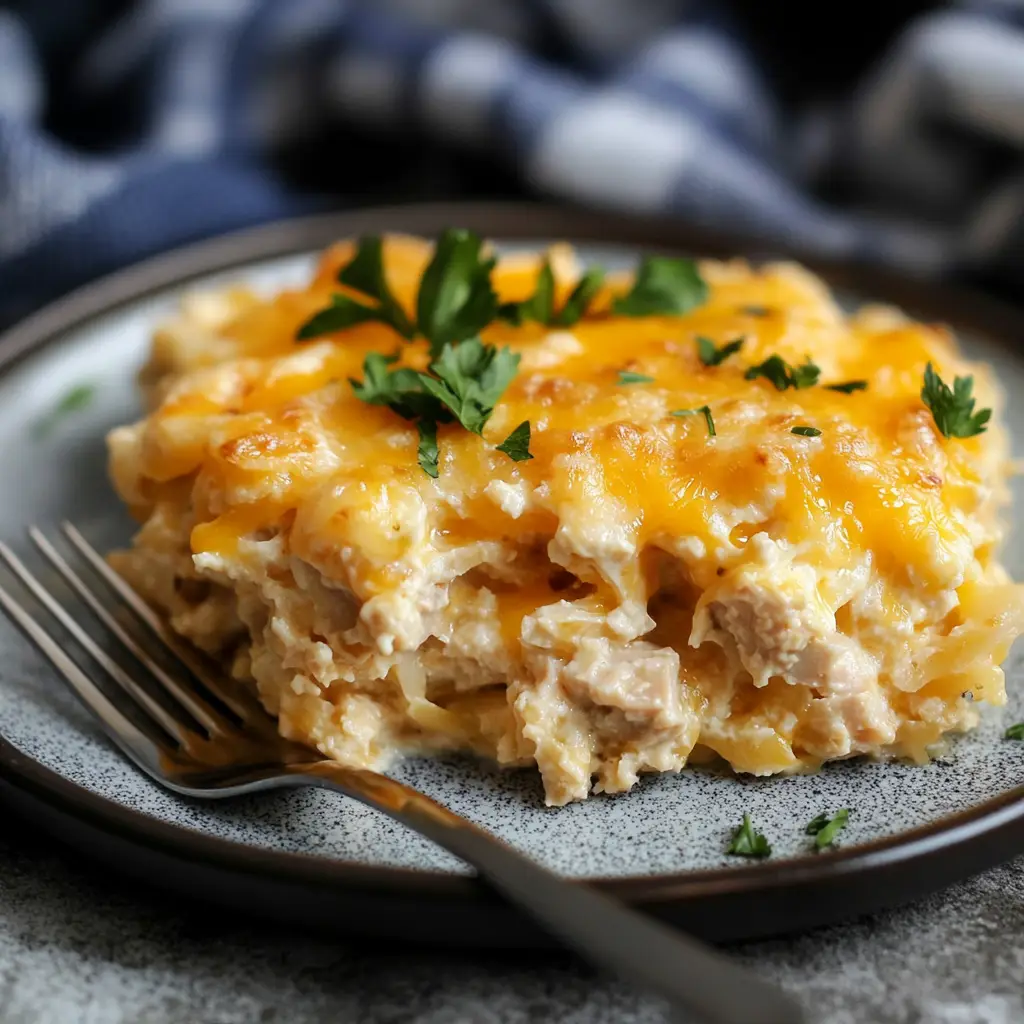 served slice of easy tuna casserole on white plate